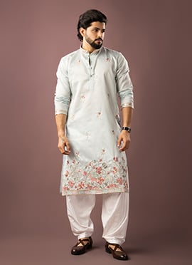 Graceful Ice Blue Linen Embroidered Sequins Thread Kurta Pyjama