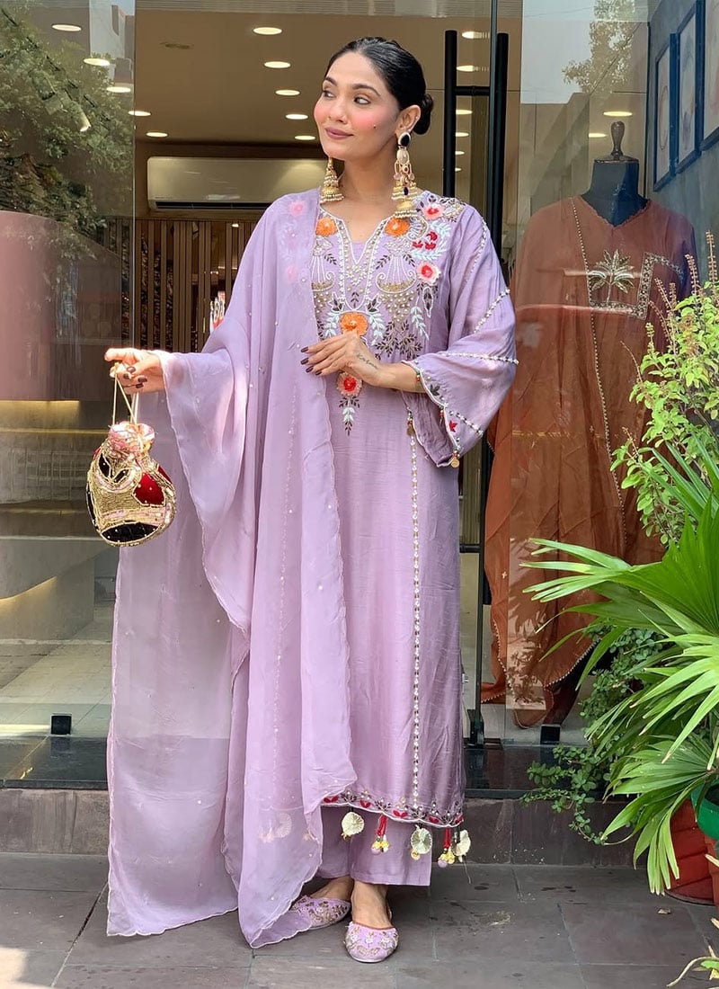Graceful Lavender Chanderi Embroidered Straight Pant Suit After Six Wear