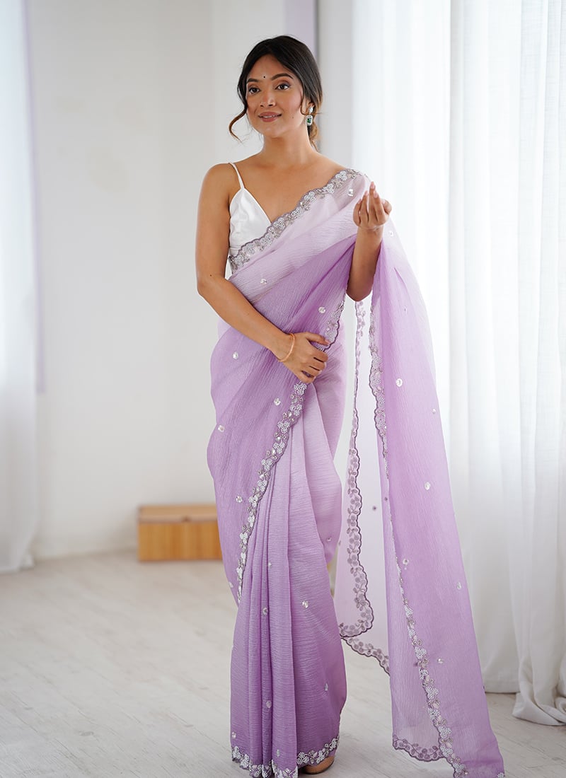 Graceful Lavender Chiffon Crush Sequins Beads Cut Work Cutdana Saree After Six Wear