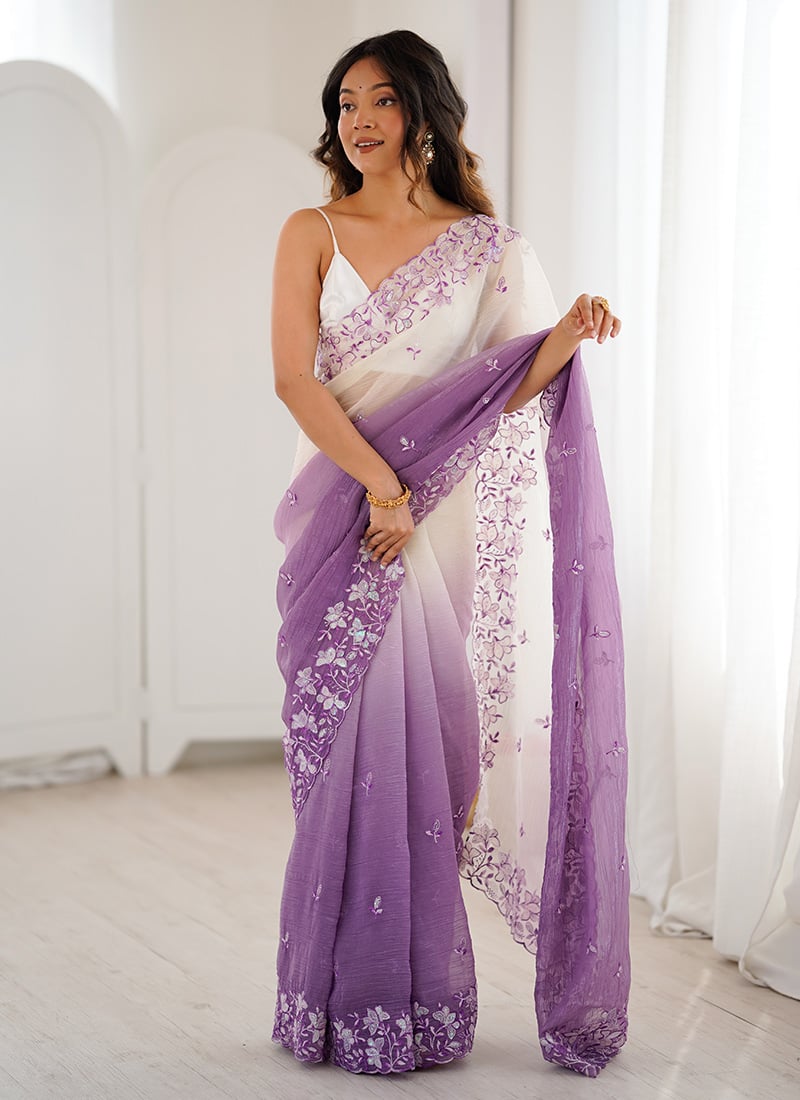 Graceful Lavender Crunchy Georgette Sequins Embroidered Thread Saree After Six Wear