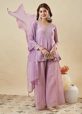 Graceful Lavender Crunchy Silk Heavy Thread Embroidery Work Palazzo Suit