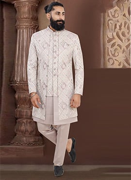Graceful Lavender Jacquard Sequins Embroidered Thread Indowestern Sherwani