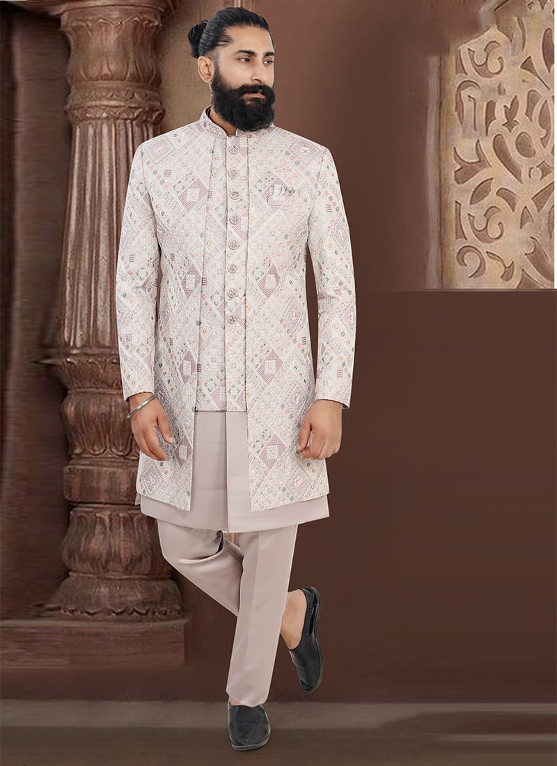 Graceful Lavender Jacquard Sequins Embroidered Thread Indowestern Sherwani Wedding Wear