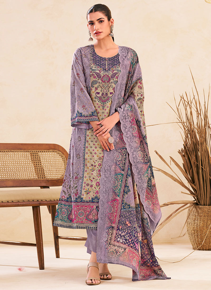 Graceful Lavender Lawn Cotton Digital Print Straight Pant Suit After Six Wear
