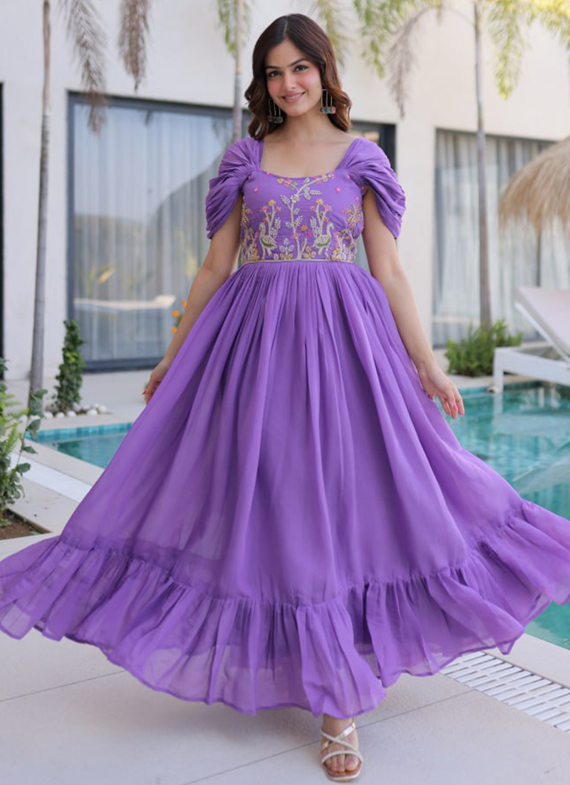 Graceful Lavender Mal Chanderi Beads Embroidered Fit And Flare Dress After Six Wear