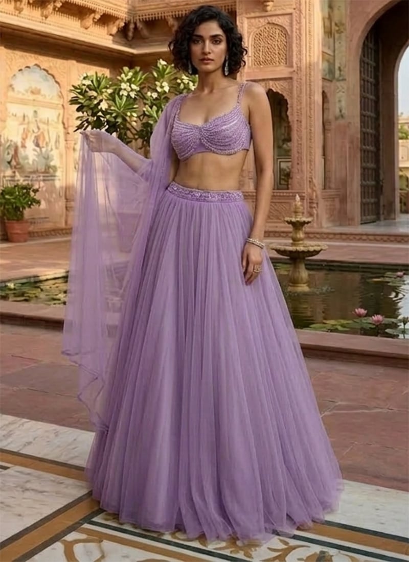 Graceful Lavender Net Beads Sequins Hand Embroidered Umbrella Lehenga Wedding Wear