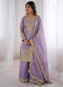Graceful Lavender Organza Silk Embroidered Sequins Moti Palazzo Suit