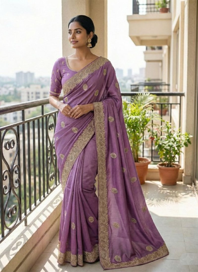 Graceful Lavender Silk Embroidered Stone Saree Festive Wear