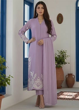 Graceful Lavender Silk Resham Foil Embroidered Straight Pant Suit