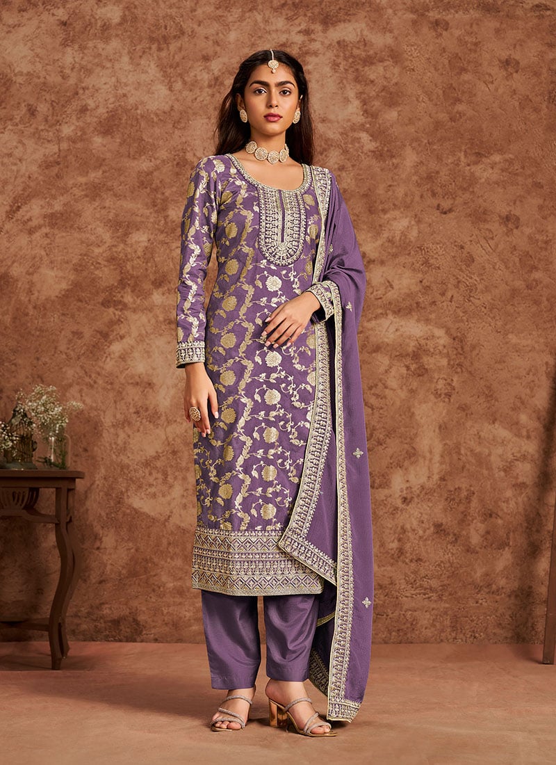 Graceful Lavender Silk Straight Pant Suit With Zari And Sequin Detailing Festive Wear