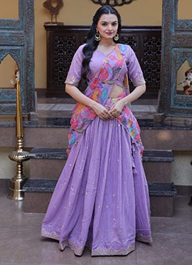 Graceful Lavender Silk Zari Sequins Embroidered Umbrella Lehenga
