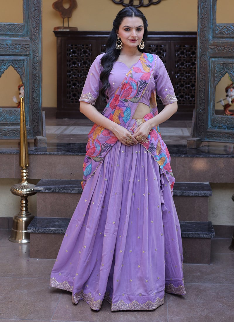 Graceful Lavender Silk Zari Sequins Embroidered Umbrella Lehenga Festive Wear