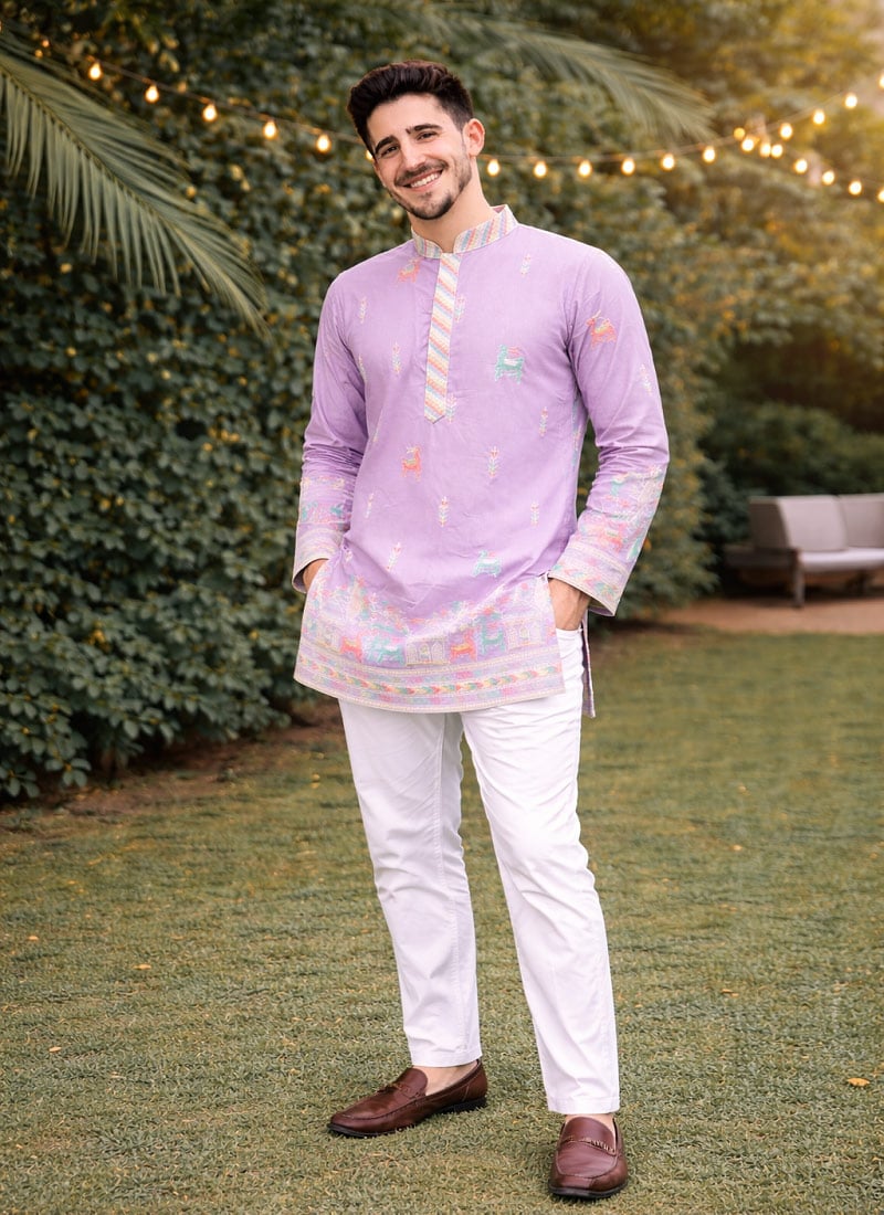 Graceful Lavender Soft Silk Thread Embroidered Kurta Pyjama Festive Wear