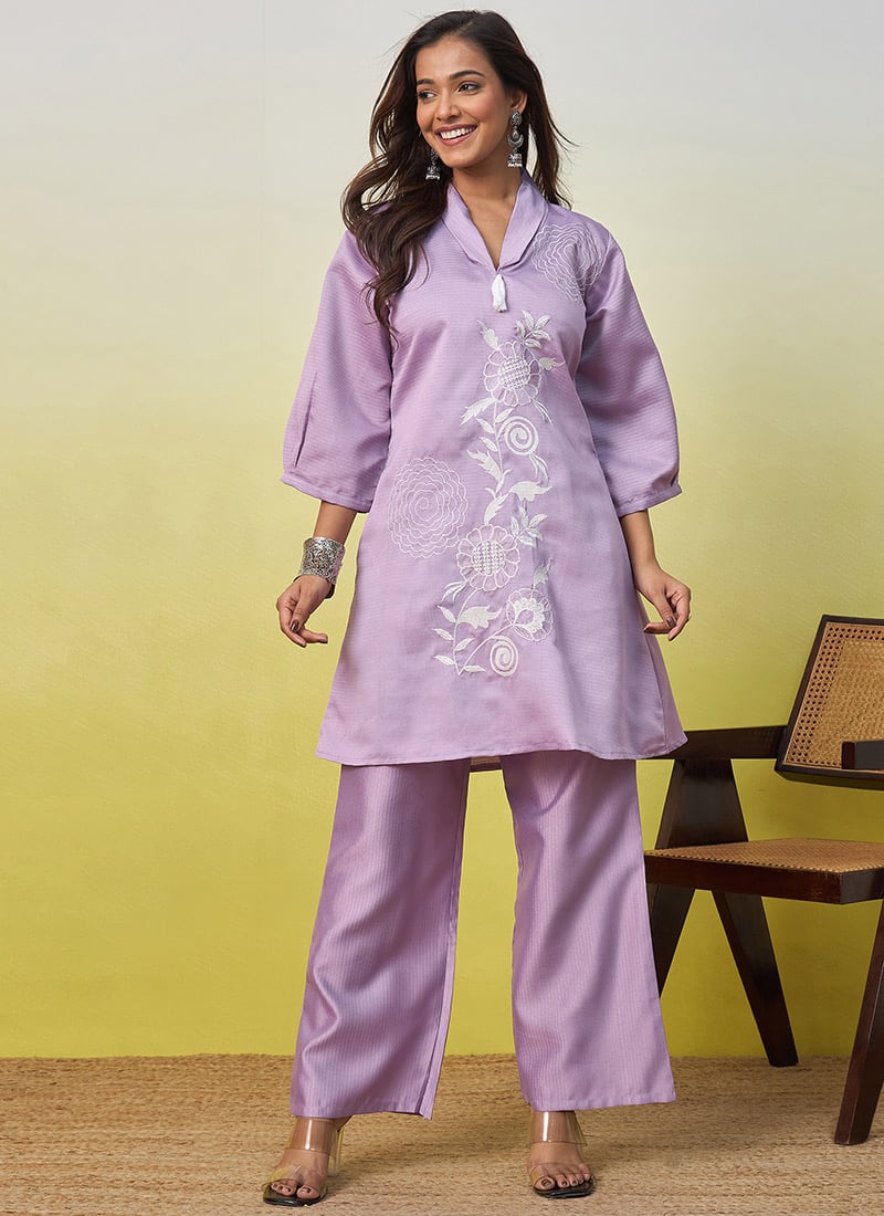 Graceful Lavender Viscose Embroidered Indowestern Suit Work Wear