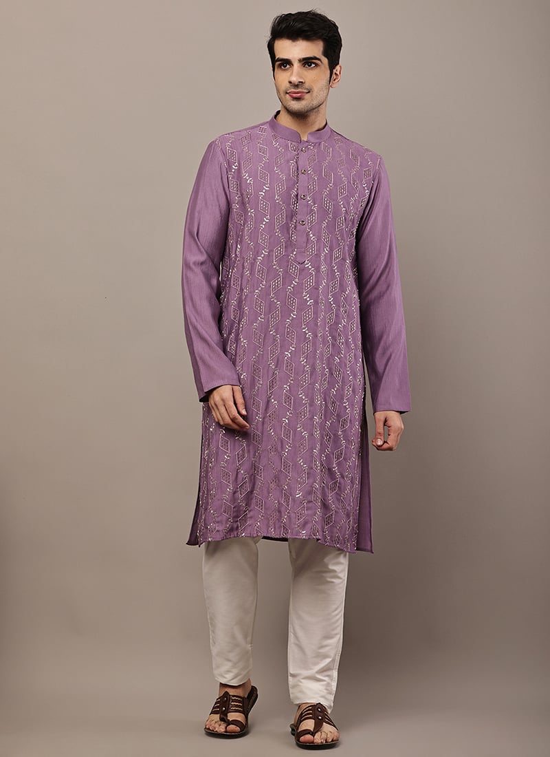Graceful Lavender Viscose Silk Embroidered Kurta Pyjama Festive Wear