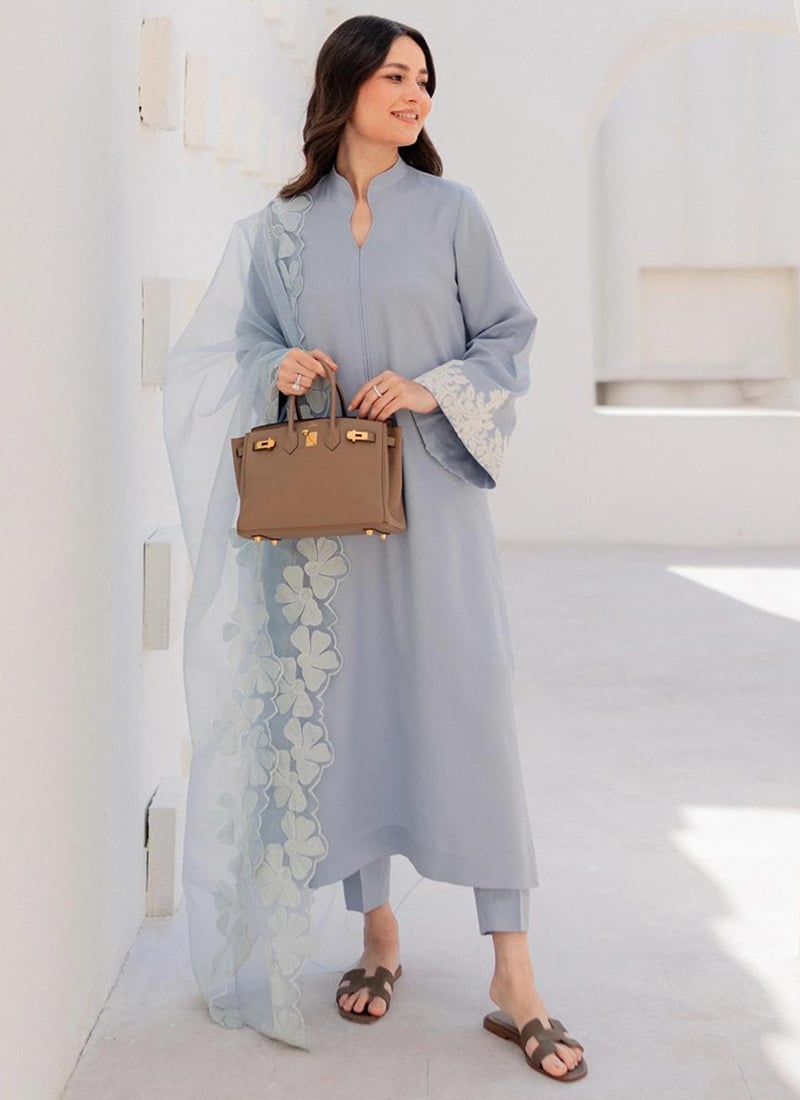 Graceful Light Blue Chanderi Silk Heavy Thread Embroidery Straight Pant Suit After Six Wear