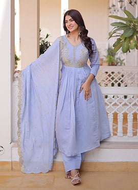 Graceful Light Blue Chanderi Silk Sequins Beads Embroidered Straight Pant Suit