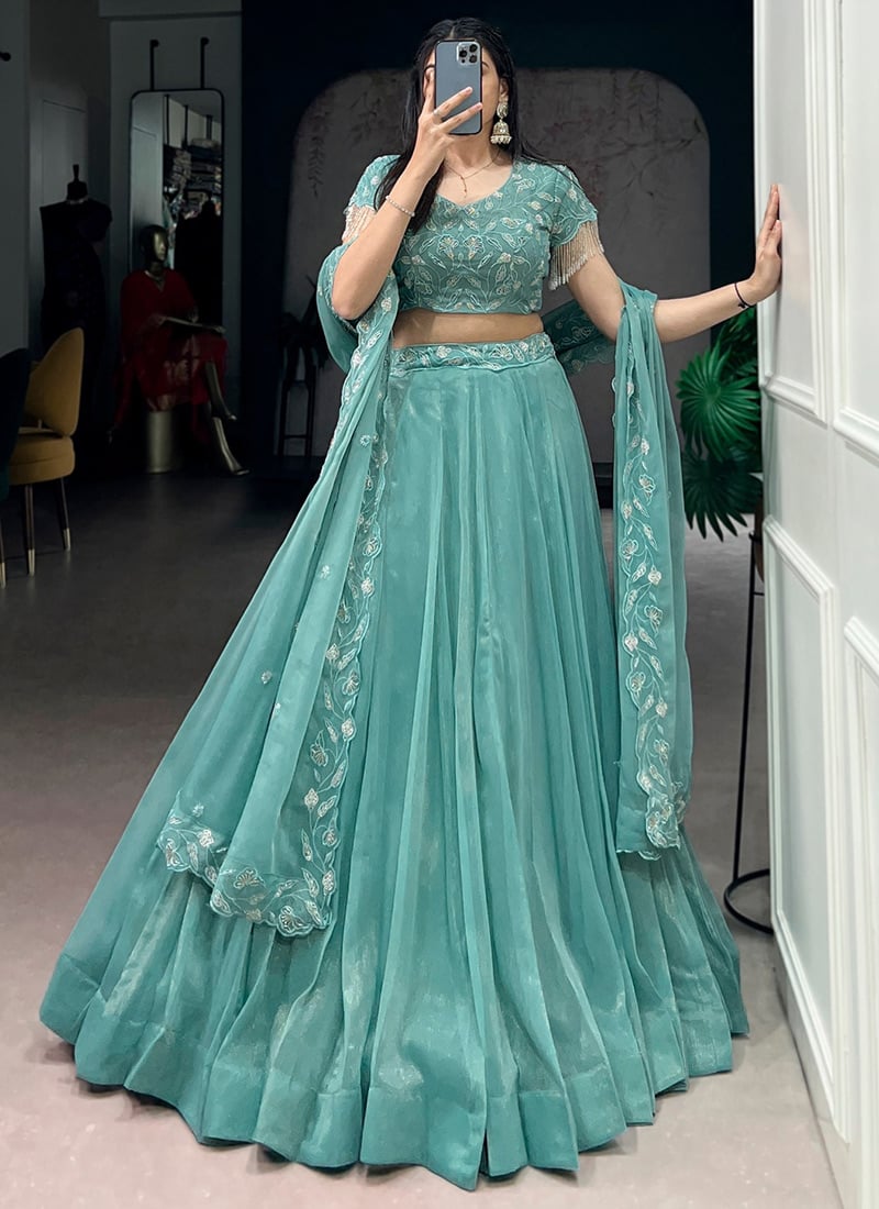 Graceful Light Blue Fendy Silk Sequins Embroidered Thread Umbrella Lehenga Wedding Wear