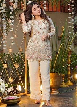 Graceful Light Cream French Crepe Embroidered Sequins Thread Indowestern Set and Suit