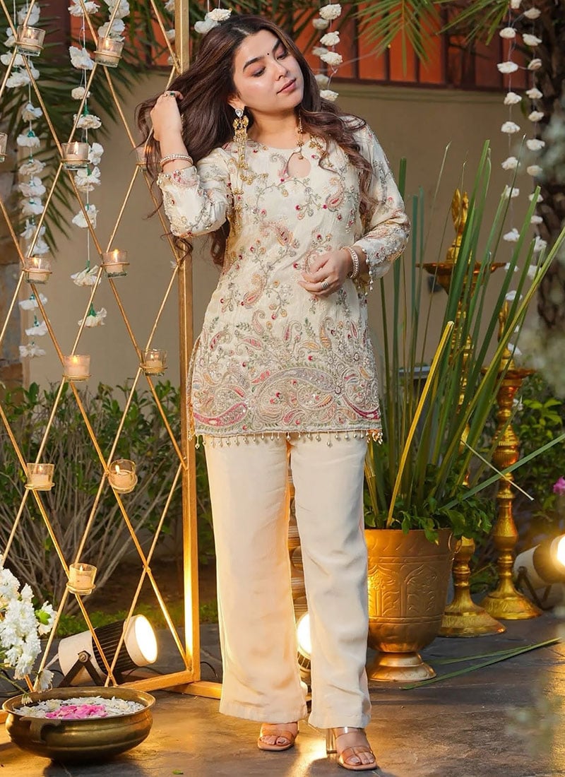 Graceful Light Cream French Crepe Embroidered Sequins Thread Indowestern Set and Suit After Six Wear