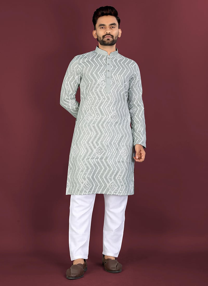Graceful Light Green Soft Silk Embroidered Sequins Thread Kurta Pyjama Festive Wear