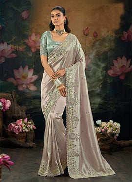 Graceful Light Grey Ziraf Silk Zari Embroidered Moti Mirror Work Stones Cutdana Saree