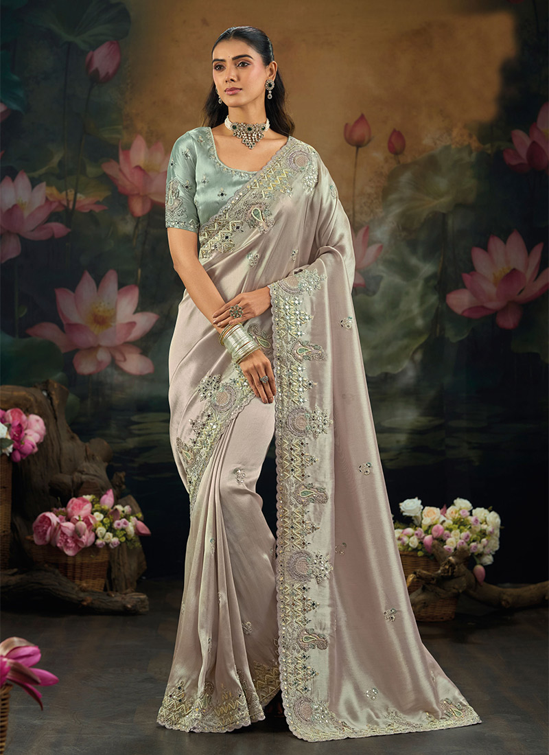 Graceful Light Grey Ziraf Silk Zari Embroidered Moti Mirror Work Stones Cutdana Saree Wedding Wear