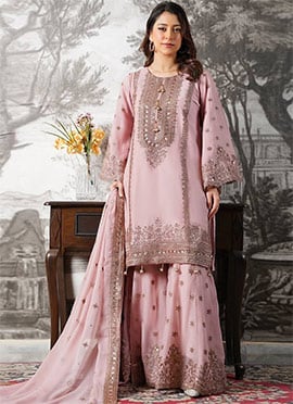 Graceful Light Pink Fendy Silk Embroidered Sequins Sharara Suit