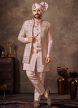 Graceful Light Pink Premium Silk Zari Embroidered Sequins Thread Indowestern Sherwani