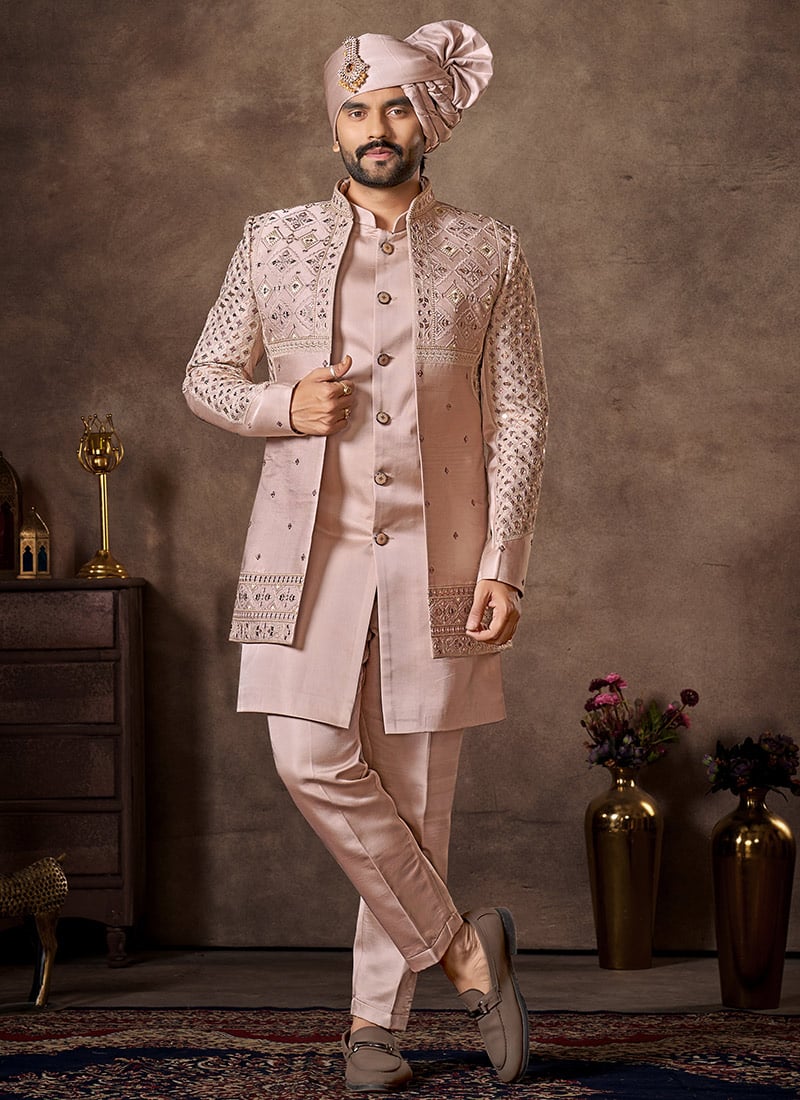 Graceful Light Pink Premium Silk Zari Embroidered Sequins Thread Indowestern Sherwani Wedding Wear