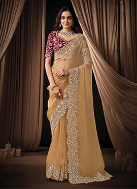 Graceful Light Yellow Organza Tissue Sequins Beads Hand Embroidered Stones Saree