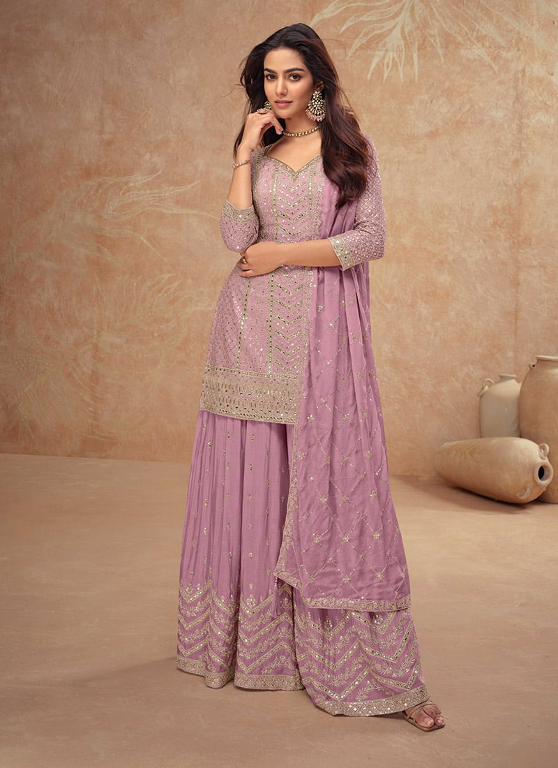 Graceful Lilac Chinon Zari Embroidered Sequins Palazzo Suit Festive Wear