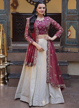 Graceful Magenta Cosmos with Zari And Sequins Embroidered Work Umbrella Lehenga
