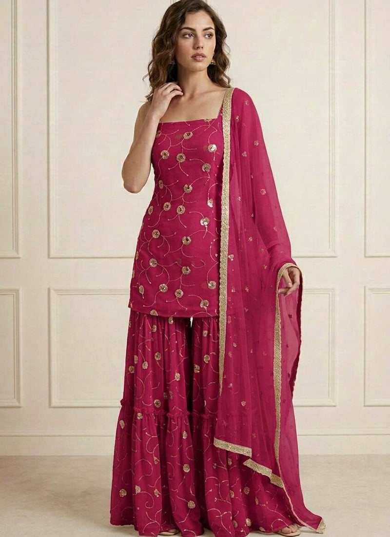 Graceful Magenta Faux Georgette Embroidered Sharara Suit Festive Wear