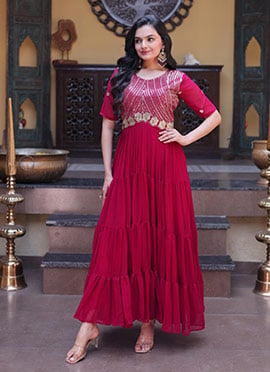 Graceful Magenta Georgette Embroidered Sequins Zari Gown