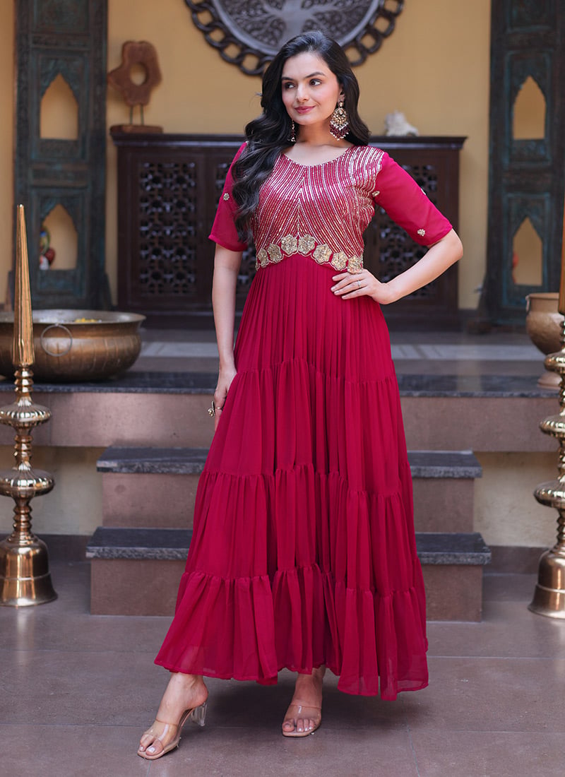 Graceful Magenta Georgette Embroidered Sequins Zari Gown After Six Wear