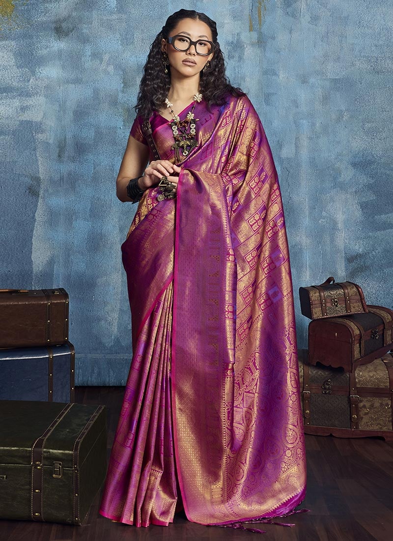 Graceful Magenta Silk Handloom Zari Weaving Saree Festive Wear