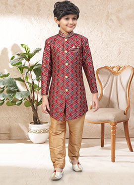 Graceful Maroon And Mix Colour Banarasi Silk Stone Work Kids Boys Indowestern Sherwani