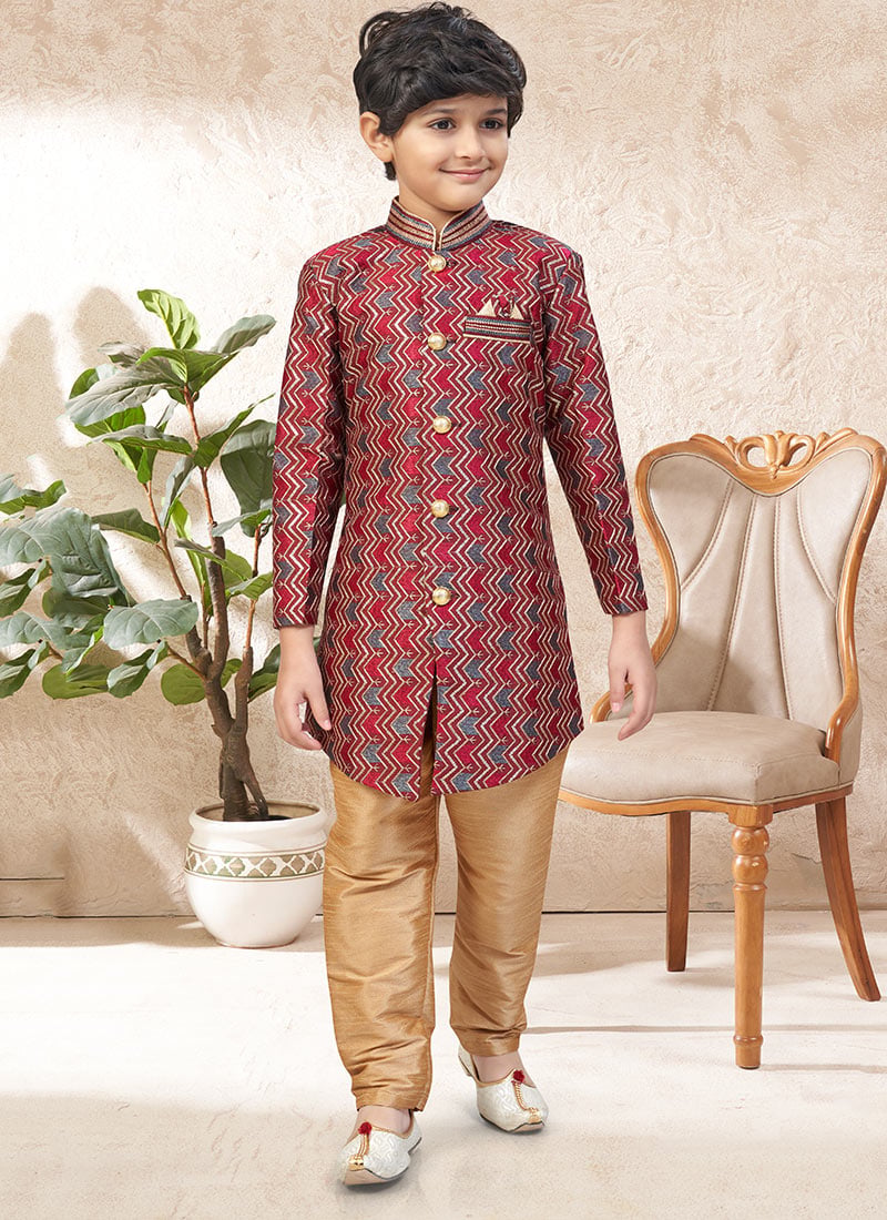 Graceful Maroon And Mix Colour Banarasi Silk Stone Work Kids Boys Indowestern Sherwani Wedding Wear