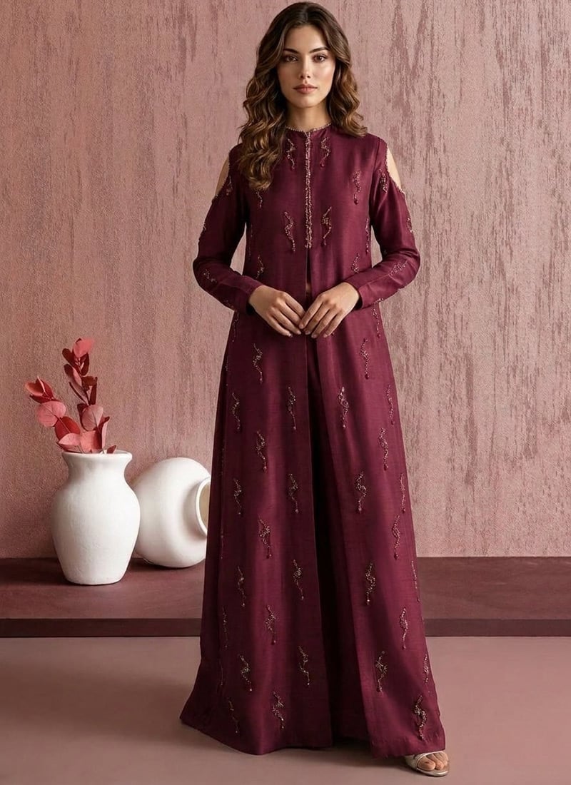 Graceful Maroon Art Silk Beads Hand Embroidered Anarkali Suit After Six Wear