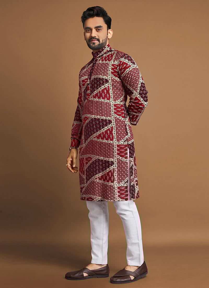 Graceful Maroon Cotton Foil Print Kurta Pyjama   Festive Wear