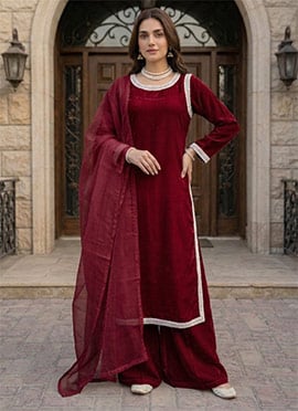 Graceful Maroon Crepe Beads Lace Work Palazzo Suit