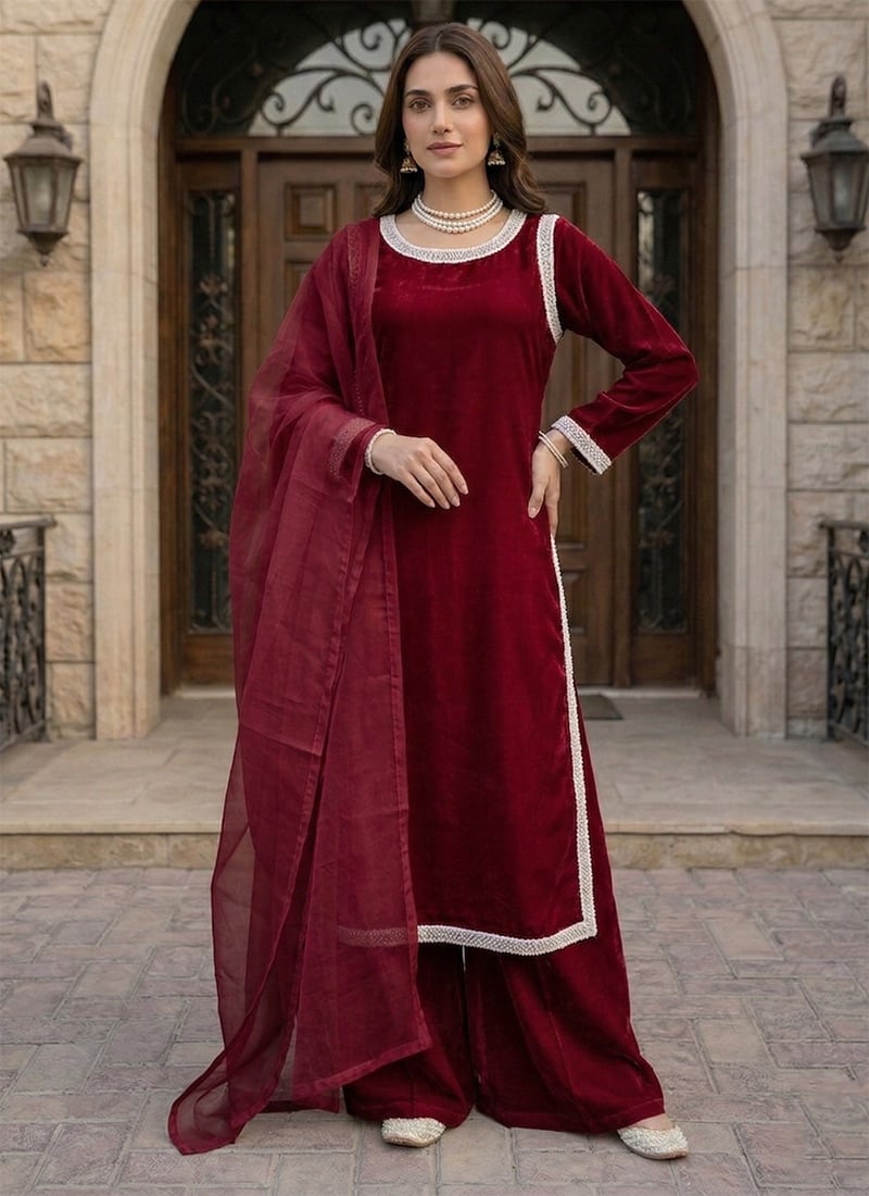 Graceful Maroon Crepe Beads Lace Work Palazzo Suit Festive Wear