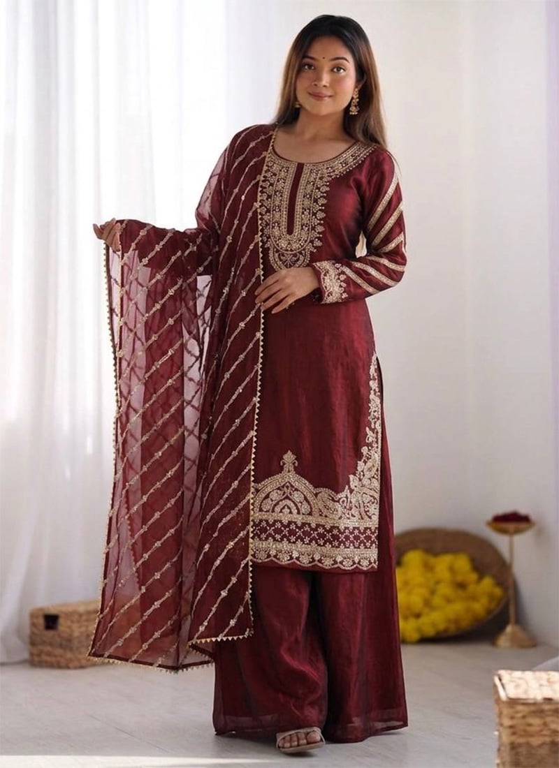 Graceful Maroon Fandy Silk Embroidery Beads Work Palazzo Suit After Six Wear