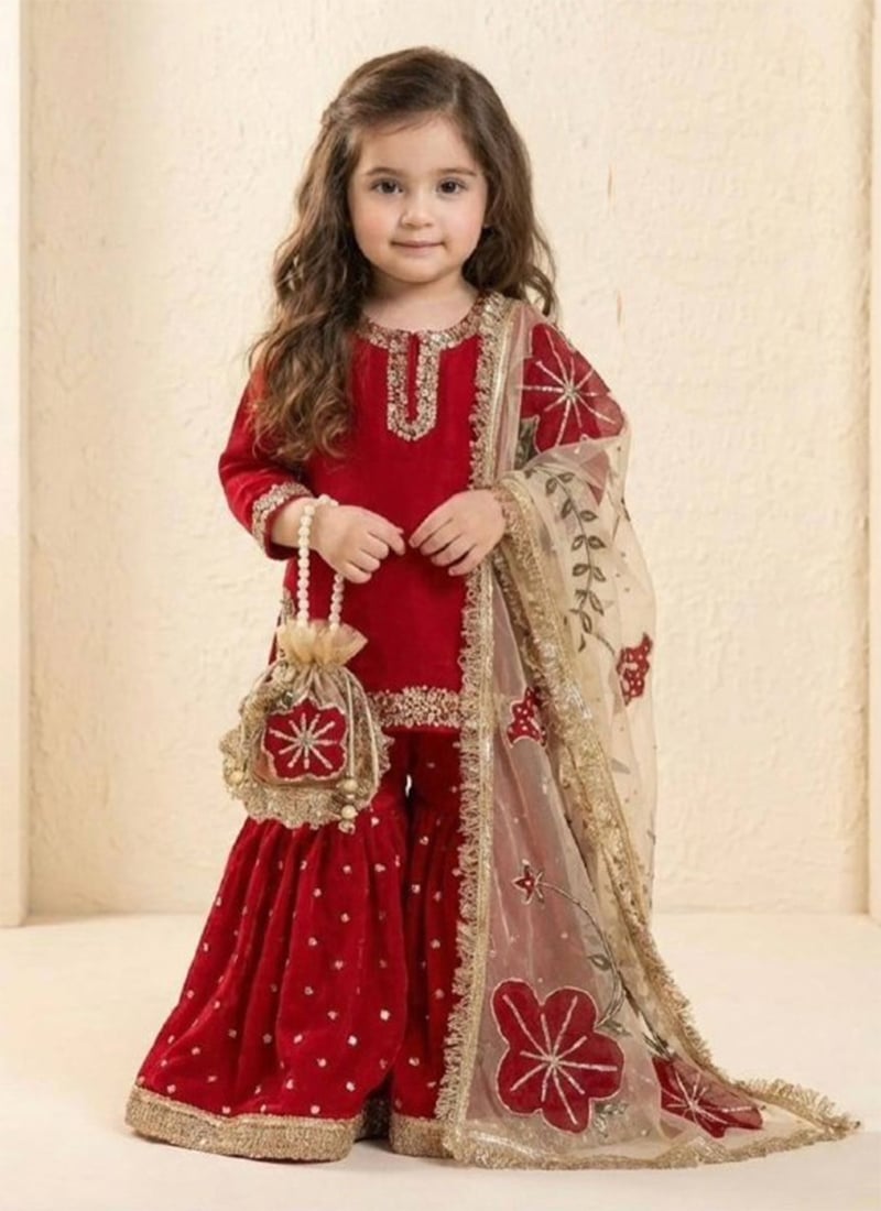 Graceful Maroon Fendy Silk Embroidered Sequins Kids Girls Sharara Suit Festive Wear