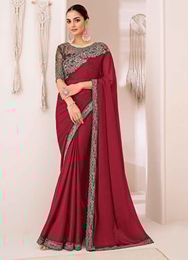 Graceful Maroon Georgette Chiffon Saree With Shimmering Zari Embroidered Sequins