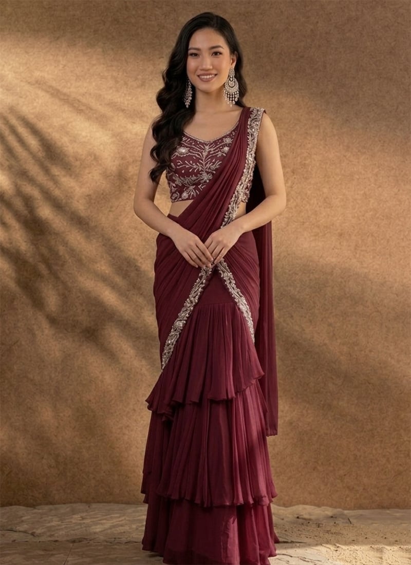 Graceful Maroon Georgette Sequins Hand Embroidered Cutdana Saree Wedding Wear