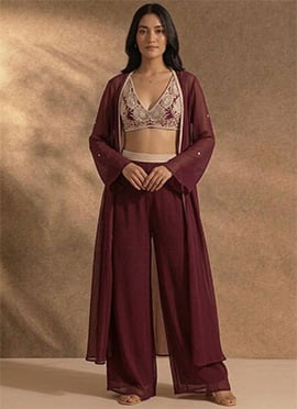 Graceful Maroon Georgette Zari Resham Beads Indowestern Set