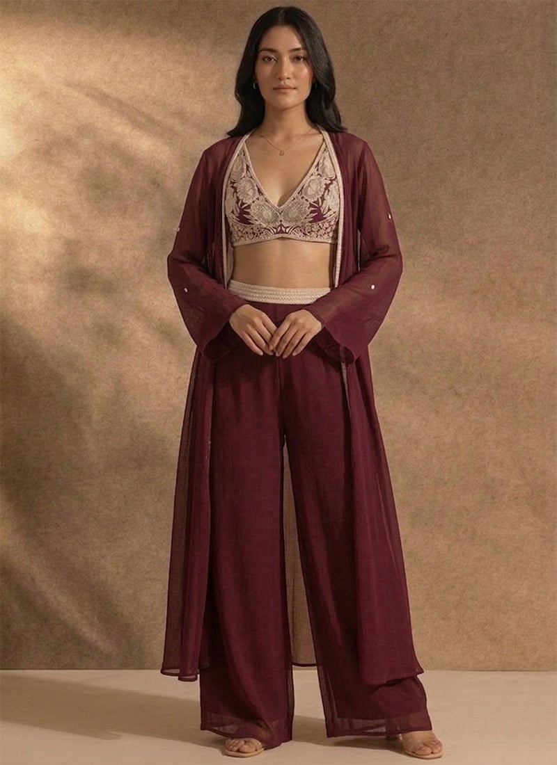 Graceful Maroon Georgette Zari Resham Beads Indowestern Set Wedding Wear