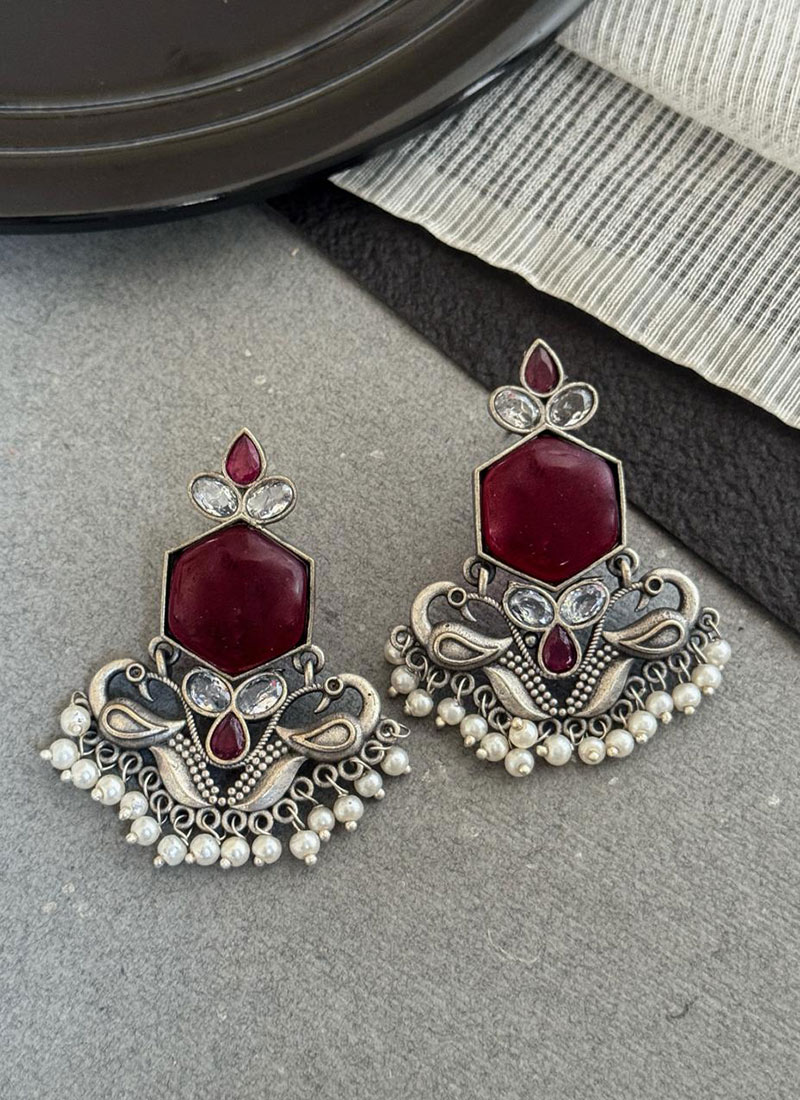 Graceful Maroon Kundan Beads Oxidised Danglers Festive Wear